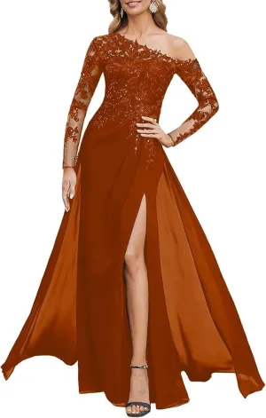 Mother of The Bride Dresses for Wedding Mermaid Chiffon Lace Sequin Formal Evening Dress with Slit