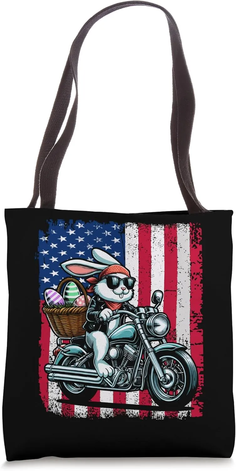 Motorcycle Bunny Easter Biker Egg American Flag Tote Bag