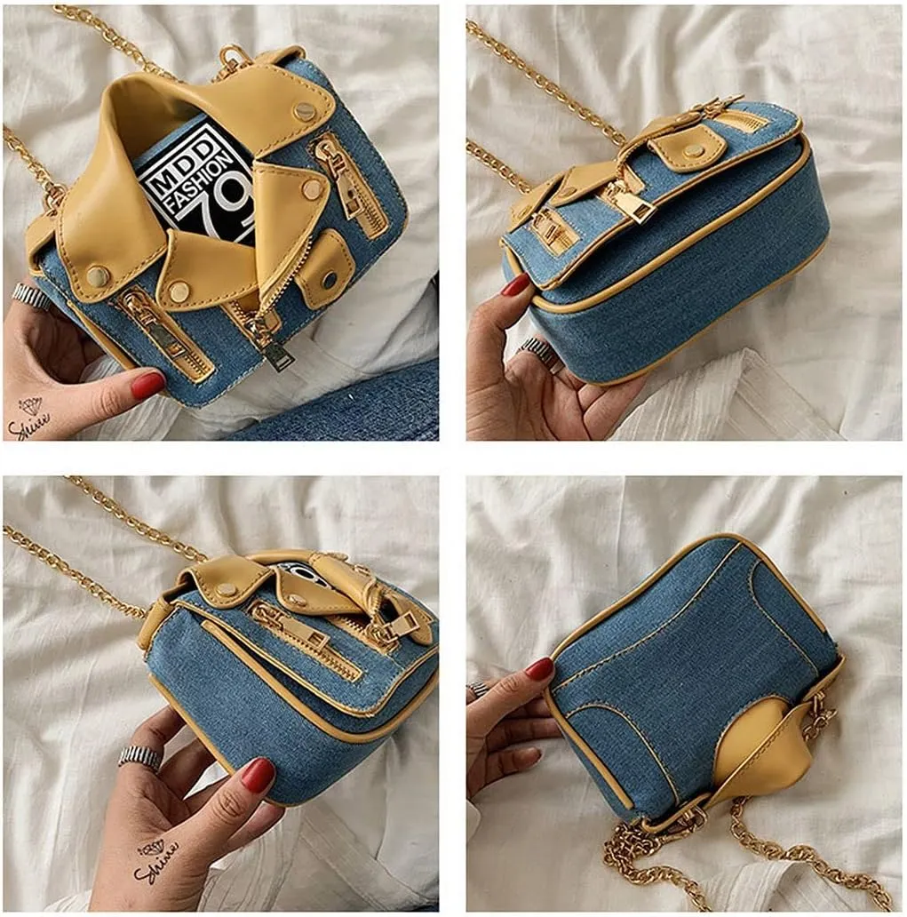 Motorcycle Jacket Shoulderbag PU Leather Handbag Punk Style Crossbody Bag Rivet Purse Lapel Collar Bag with Chain