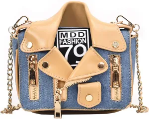 Motorcycle Jacket Shoulderbag PU Leather Handbag Punk Style Crossbody Bag Rivet Purse Lapel Collar Bag with Chain