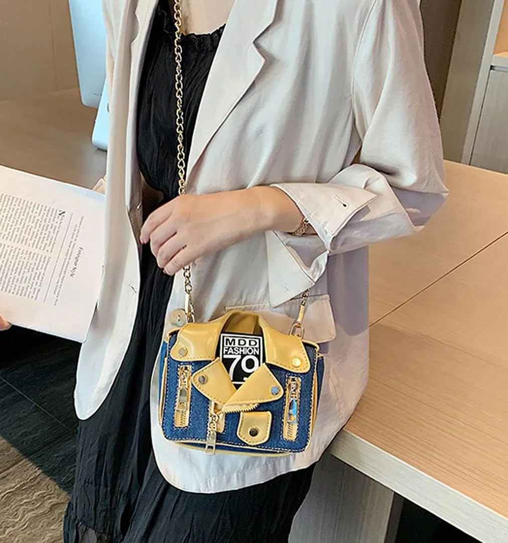Motorcycle Jacket Shoulderbag PU Leather Handbag Punk Style Crossbody Bag Rivet Purse Lapel Collar Bag with Chain