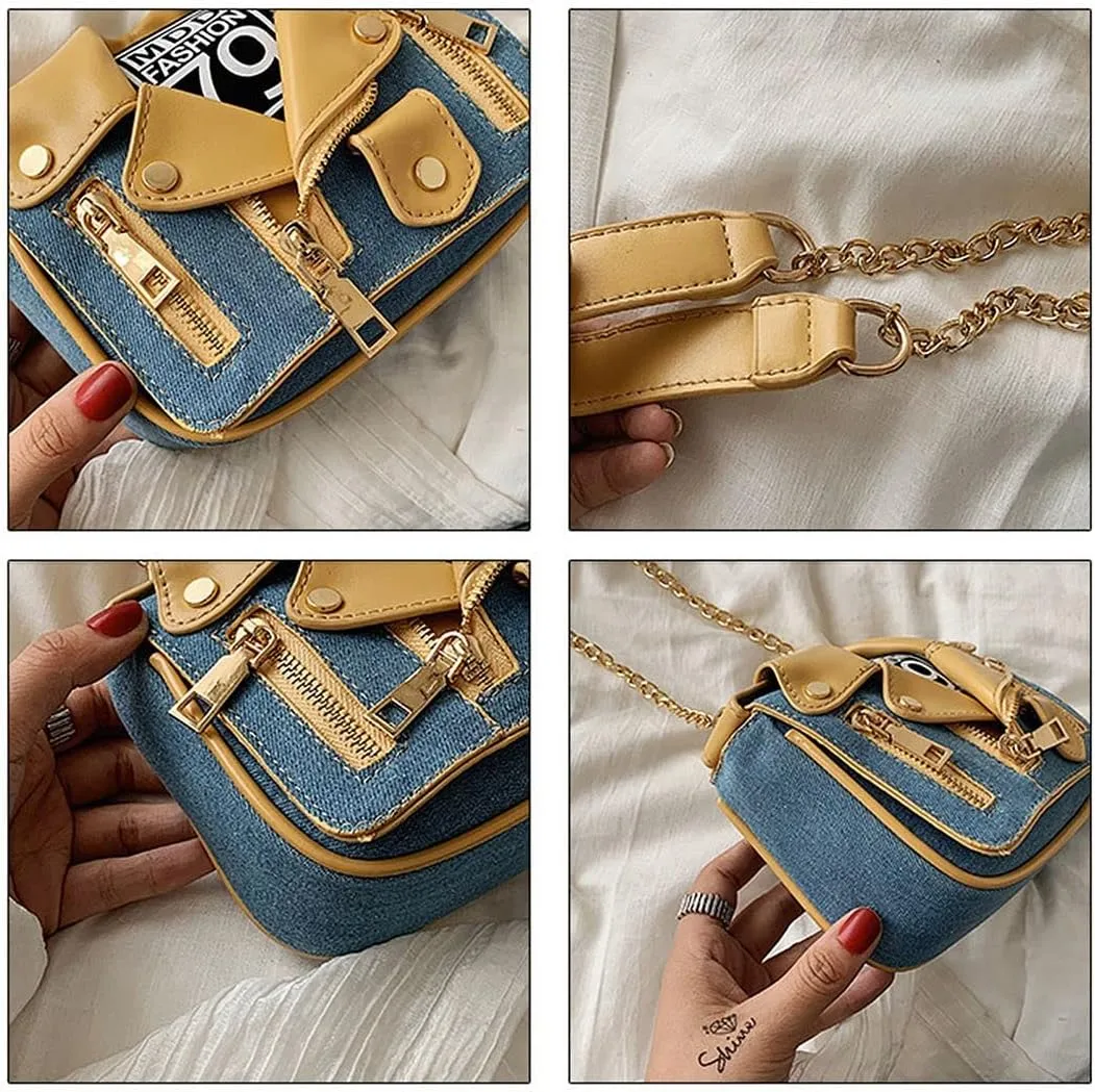 Motorcycle Jacket Shoulderbag PU Leather Handbag Punk Style Crossbody Bag Rivet Purse Lapel Collar Bag with Chain