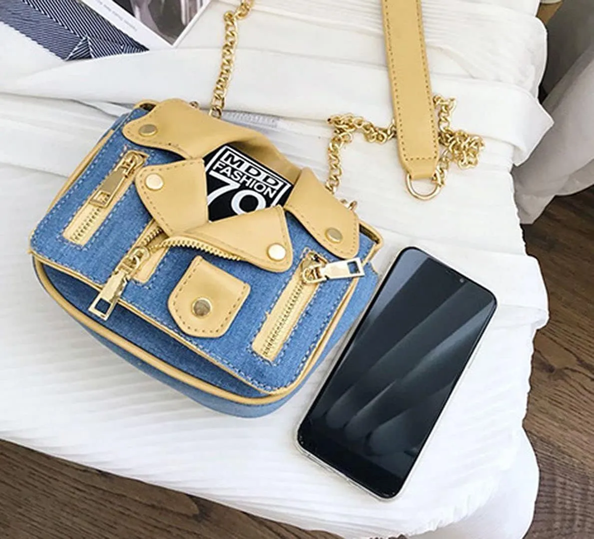 Motorcycle Jacket Shoulderbag PU Leather Handbag Punk Style Crossbody Bag Rivet Purse Lapel Collar Bag with Chain