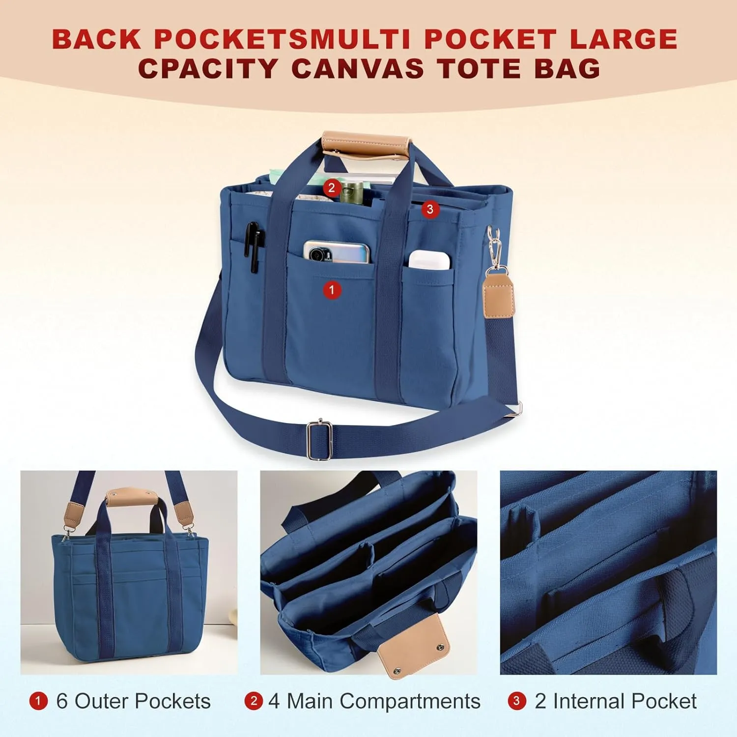Multi Pocket Tote Bag for Women Canvas Bag with Handle Bag Large Cpacity Purse Reusable Handbag