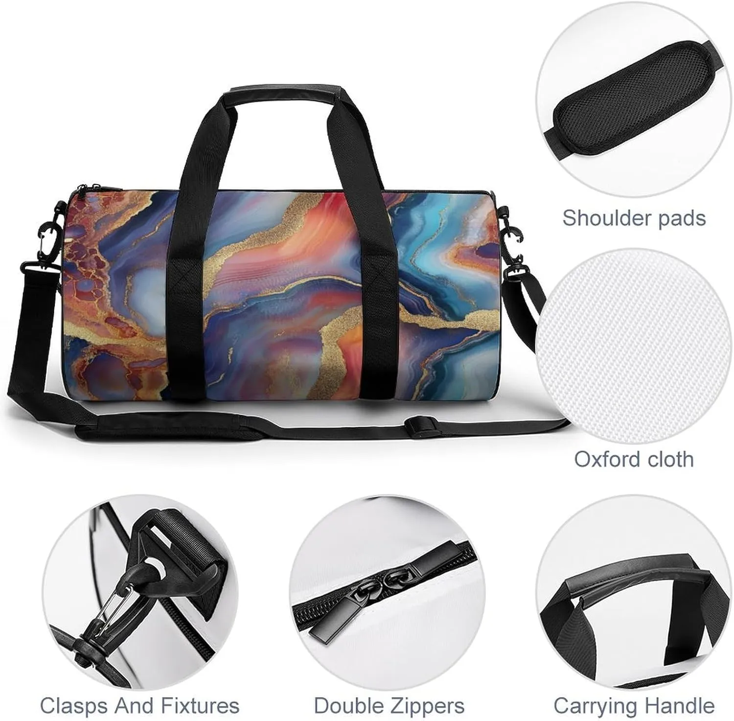 Multicolored Agate Travel Gym Bag for Women Men Cylindrical Duffle Bag Sport Workout Bag with Shoulder Strap