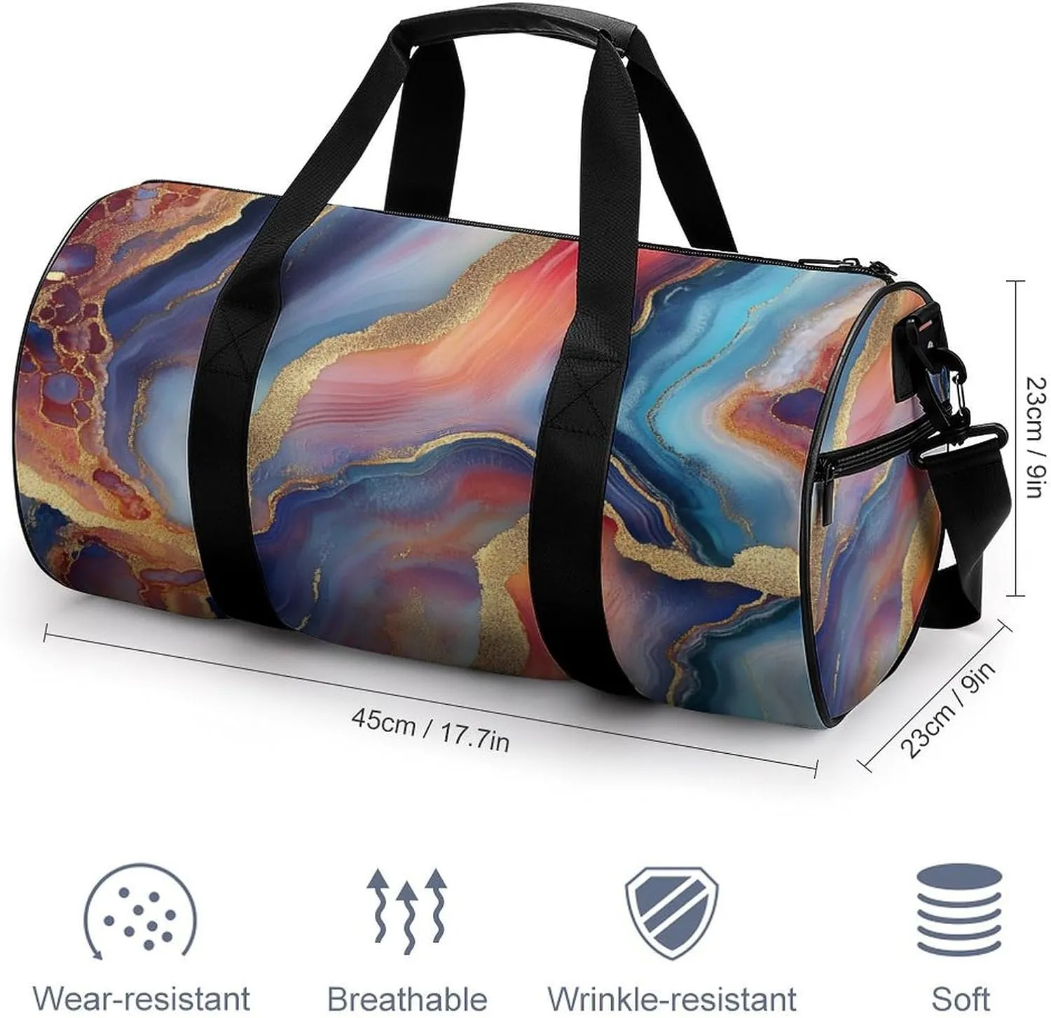 Multicolored Agate Travel Gym Bag for Women Men Cylindrical Duffle Bag Sport Workout Bag with Shoulder Strap