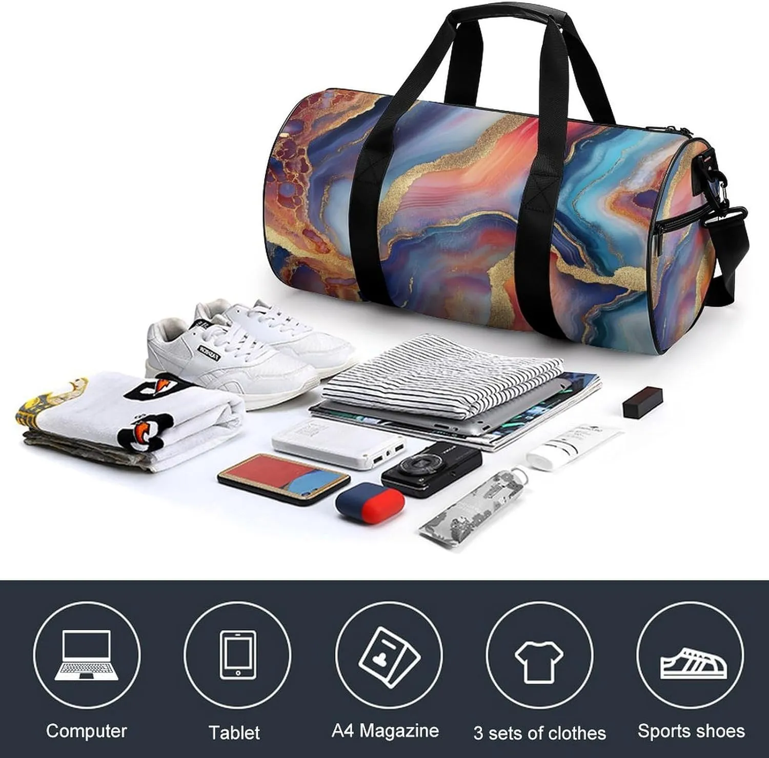 Multicolored Agate Travel Gym Bag for Women Men Cylindrical Duffle Bag Sport Workout Bag with Shoulder Strap