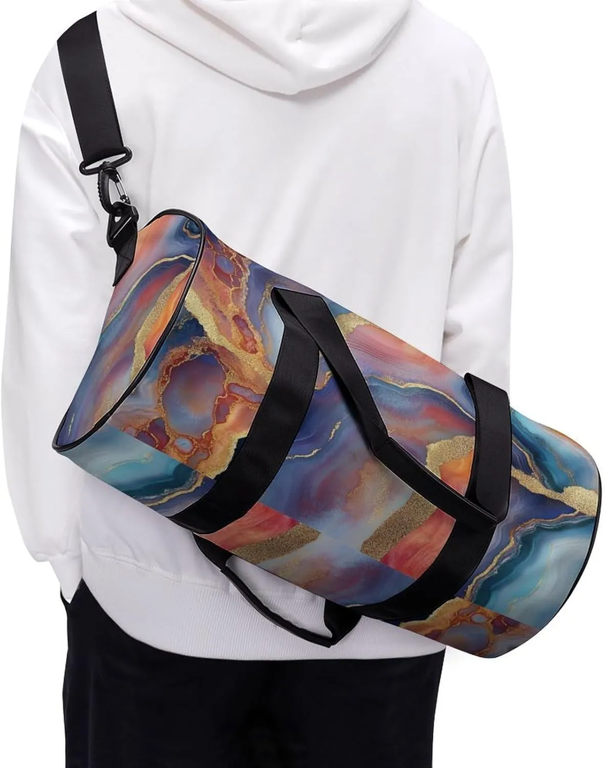 Multicolored Agate Travel Gym Bag for Women Men Cylindrical Duffle Bag Sport Workout Bag with Shoulder Strap