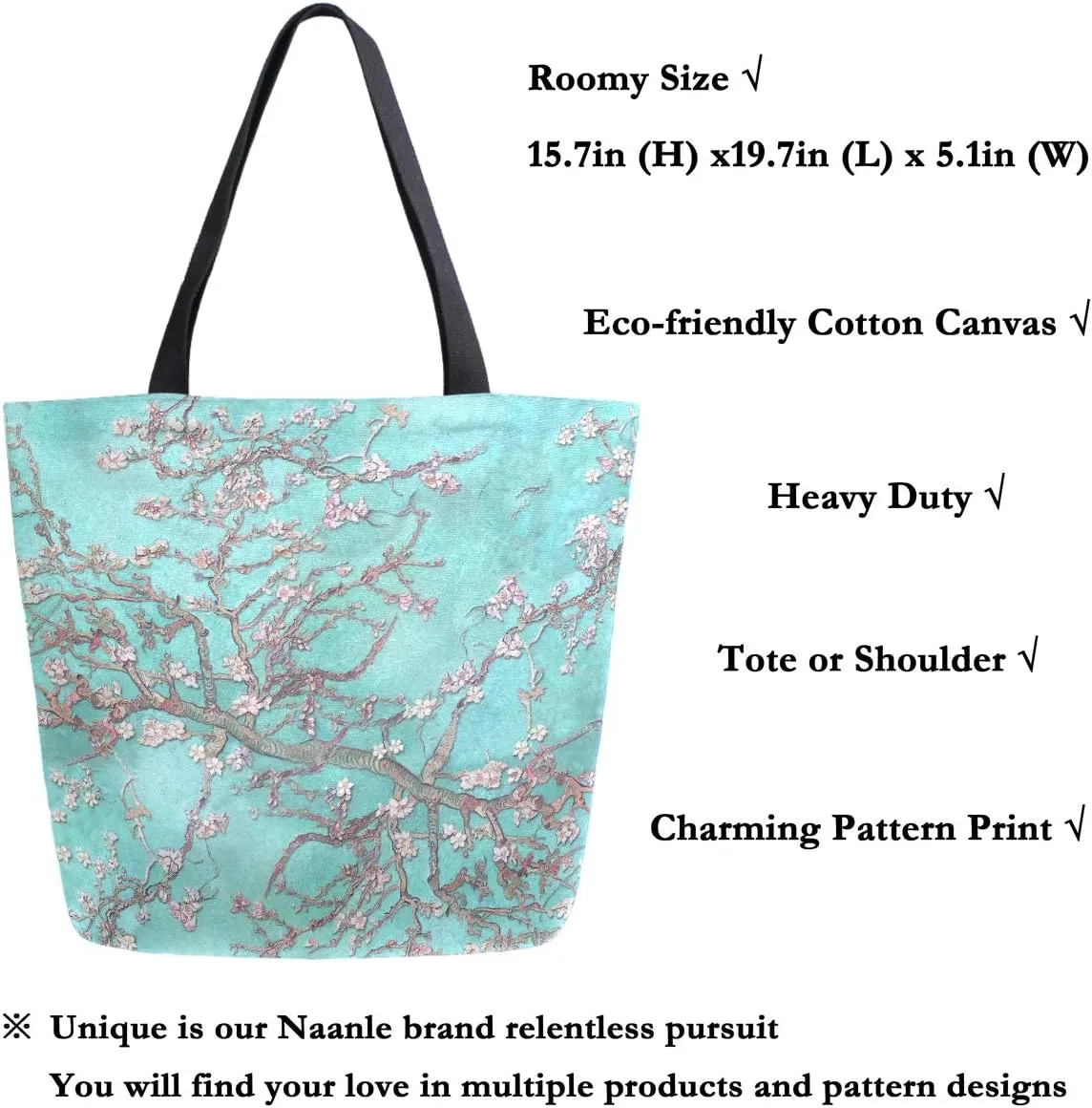 Naanle Japanese Flower Canvas Tote Bag - Large Women's Casual Shoulder Handbag, Cherry Blossom Reusable Multipurpose Heavy Duty Shopping Grocery Cotton Bag for Outdoors