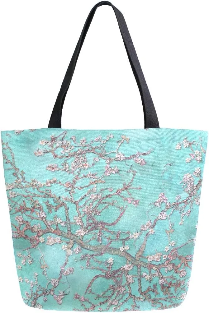 Naanle Japanese Flower Canvas Tote Bag - Large Women's Casual Shoulder Handbag, Cherry Blossom Reusable Multipurpose Heavy Duty Shopping Grocery Cotton Bag for Outdoors