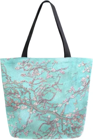 Naanle Japanese Flower Canvas Tote Bag - Large Women's Casual Shoulder Handbag, Cherry Blossom Reusable Multipurpose Heavy Duty Shopping Grocery Cotton Bag for Outdoors