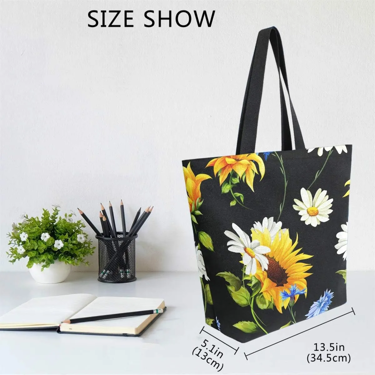 Naanle Sunflower Canvas Tote Bag Large Women Casual Shoulder Bag Handbag, Sunflower Daisy Reusable Multipurpose Heavy Duty Shopping Grocery Cotton Bag for Outdoors.