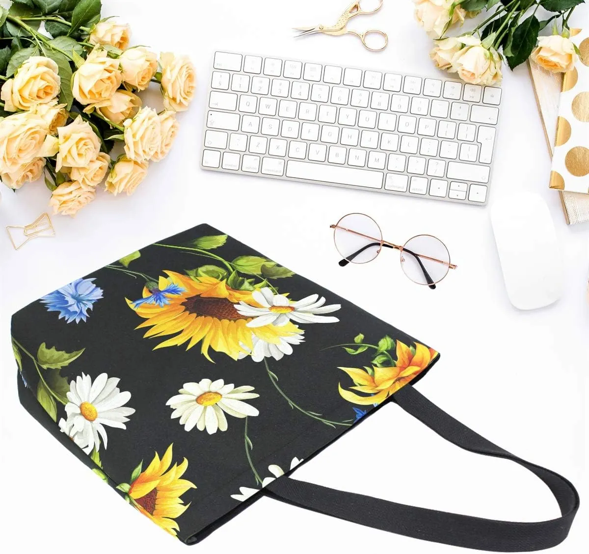 Naanle Sunflower Canvas Tote Bag Large Women Casual Shoulder Bag Handbag, Sunflower Daisy Reusable Multipurpose Heavy Duty Shopping Grocery Cotton Bag for Outdoors.