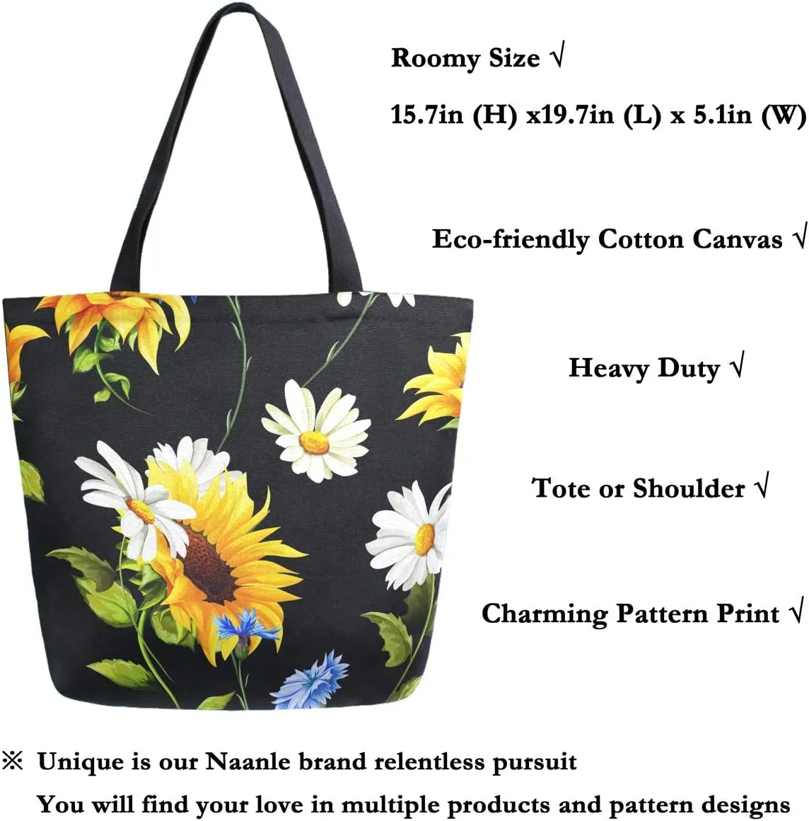 Naanle Sunflower Canvas Tote Bag Large Women Casual Shoulder Bag Handbag, Sunflower Daisy Reusable Multipurpose Heavy Duty Shopping Grocery Cotton Bag for Outdoors.