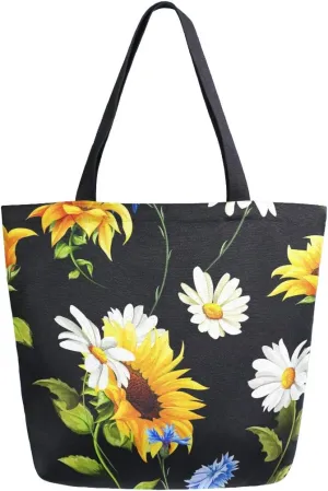 Naanle Sunflower Canvas Tote Bag Large Women Casual Shoulder Bag Handbag, Sunflower Daisy Reusable Multipurpose Heavy Duty Shopping Grocery Cotton Bag for Outdoors.
