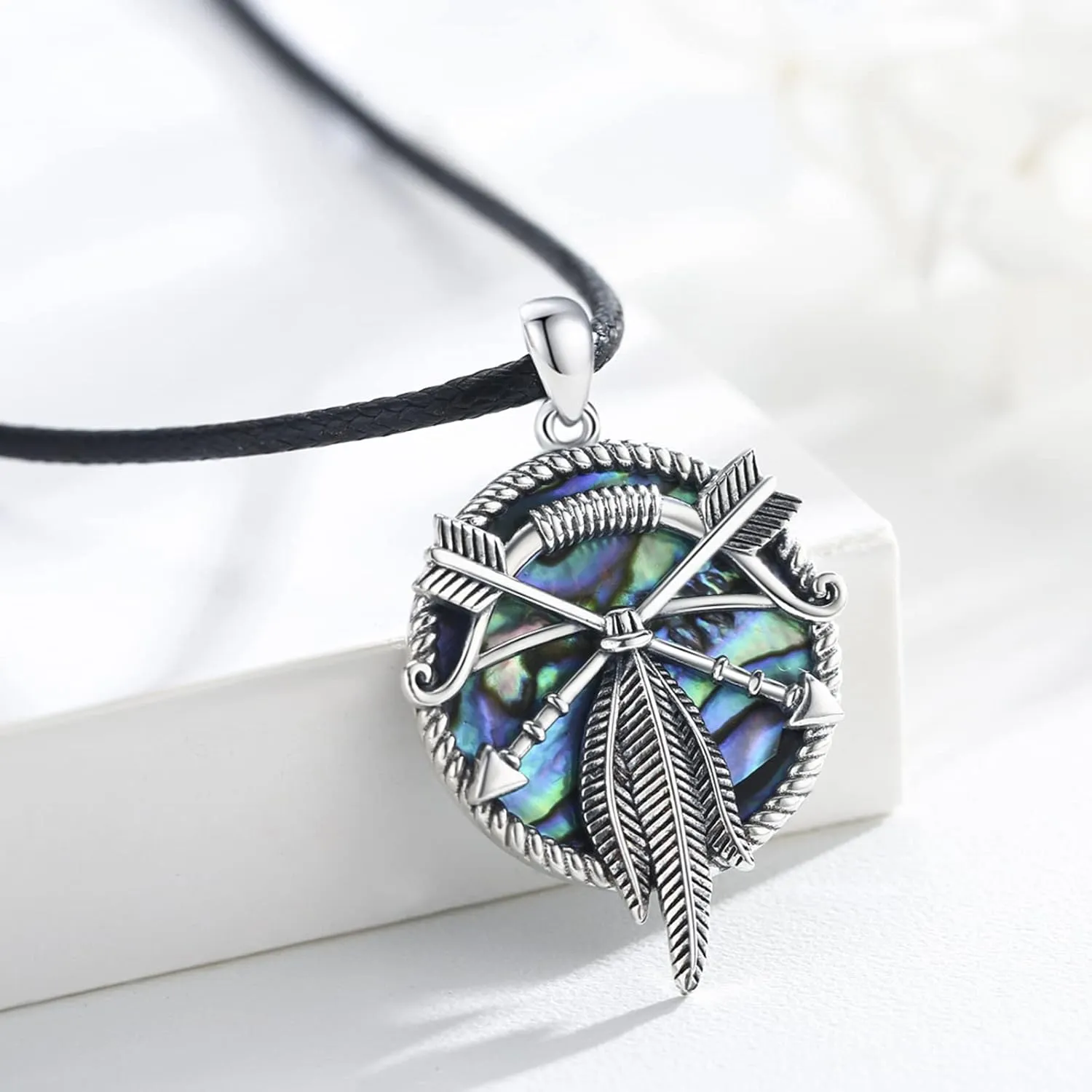 Native American Jewelry 925 Sterling Silver Feather Pendant Bow Arrow Necklace Abalone Shell Necklace Indigenous Jewelry Indian Gifts for Women Men Birthday
