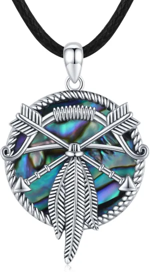Native American Jewelry 925 Sterling Silver Feather Pendant Bow Arrow Necklace Abalone Shell Necklace Indigenous Jewelry Indian Gifts for Women Men Birthday