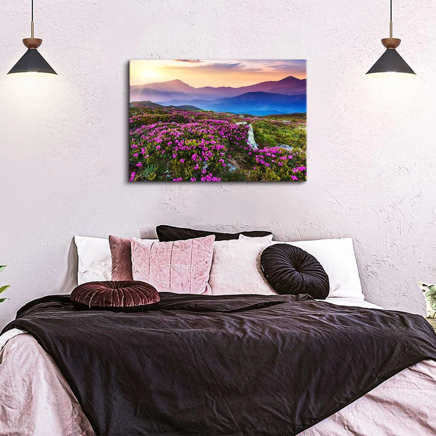 Nature Mountain Canvas Wall Art National Park Landscape Photography Print Sunrise Scenery Home Decorations for Bedroom Kitchen Purple Wildflower Prairie Painting Pictures Framed Poster Artwork 20x30”
