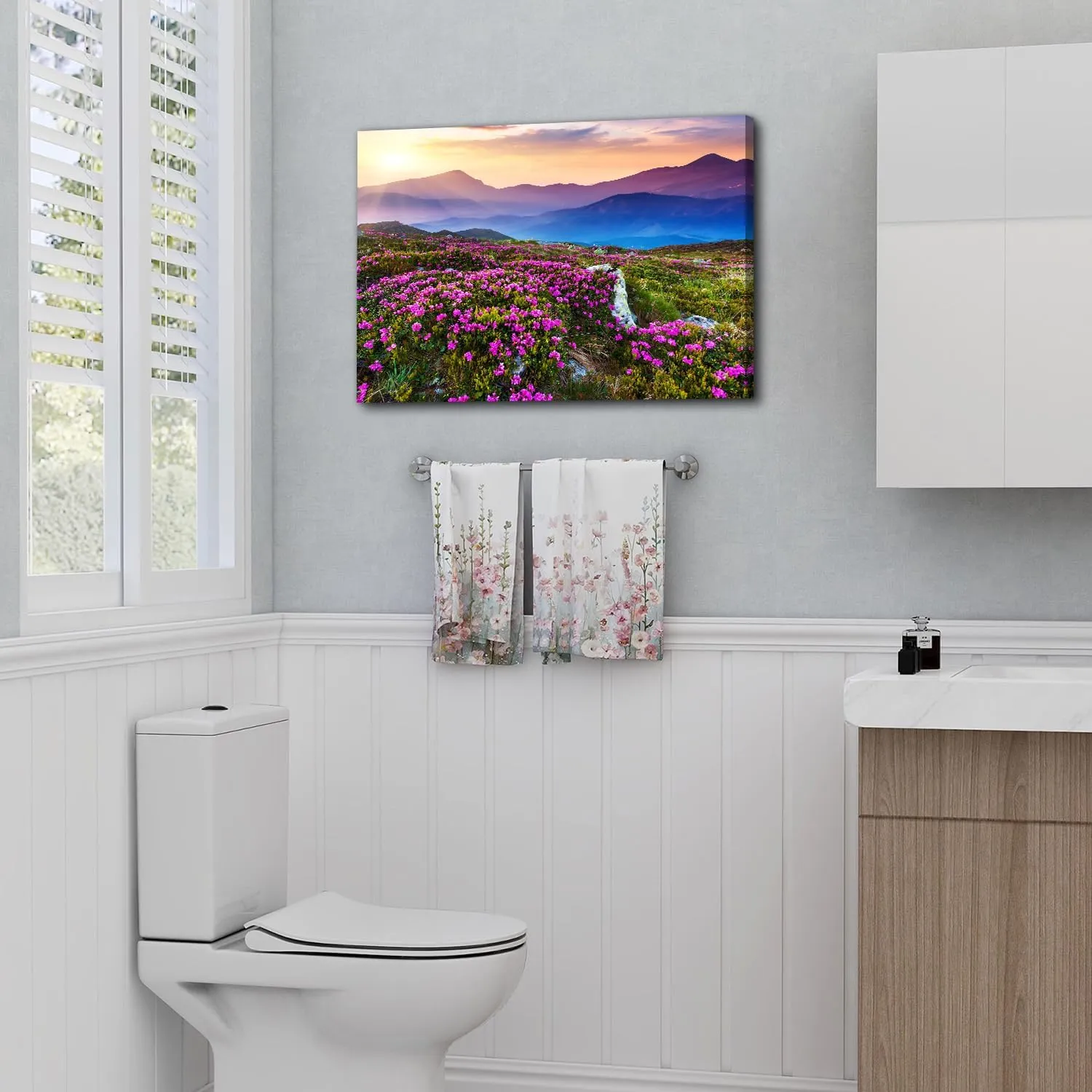 Nature Mountain Canvas Wall Art National Park Landscape Photography Print Sunrise Scenery Home Decorations for Bedroom Kitchen Purple Wildflower Prairie Painting Pictures Framed Poster Artwork 20x30”