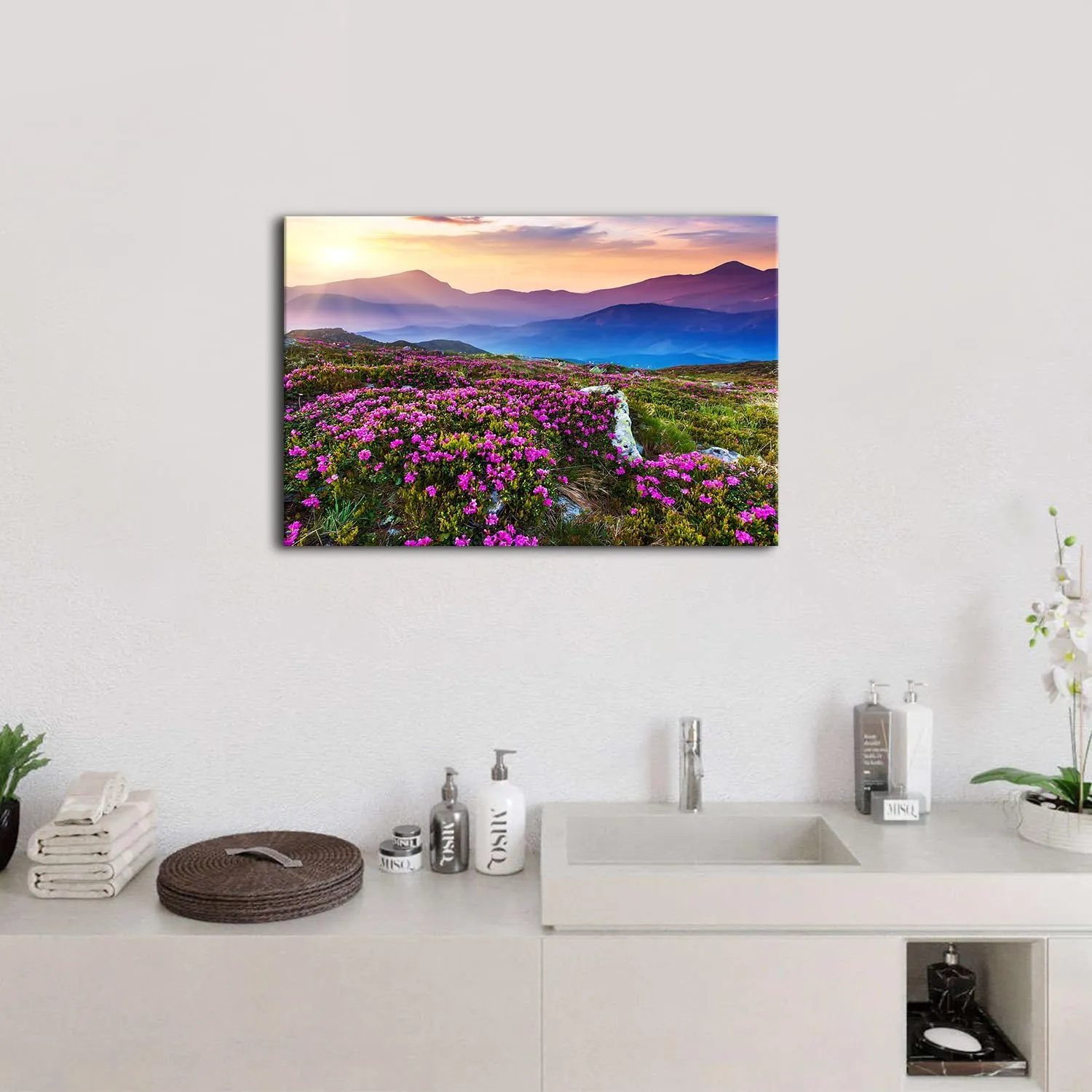 Nature Mountain Canvas Wall Art National Park Landscape Photography Print Sunrise Scenery Home Decorations for Bedroom Kitchen Purple Wildflower Prairie Painting Pictures Framed Poster Artwork 20x30”