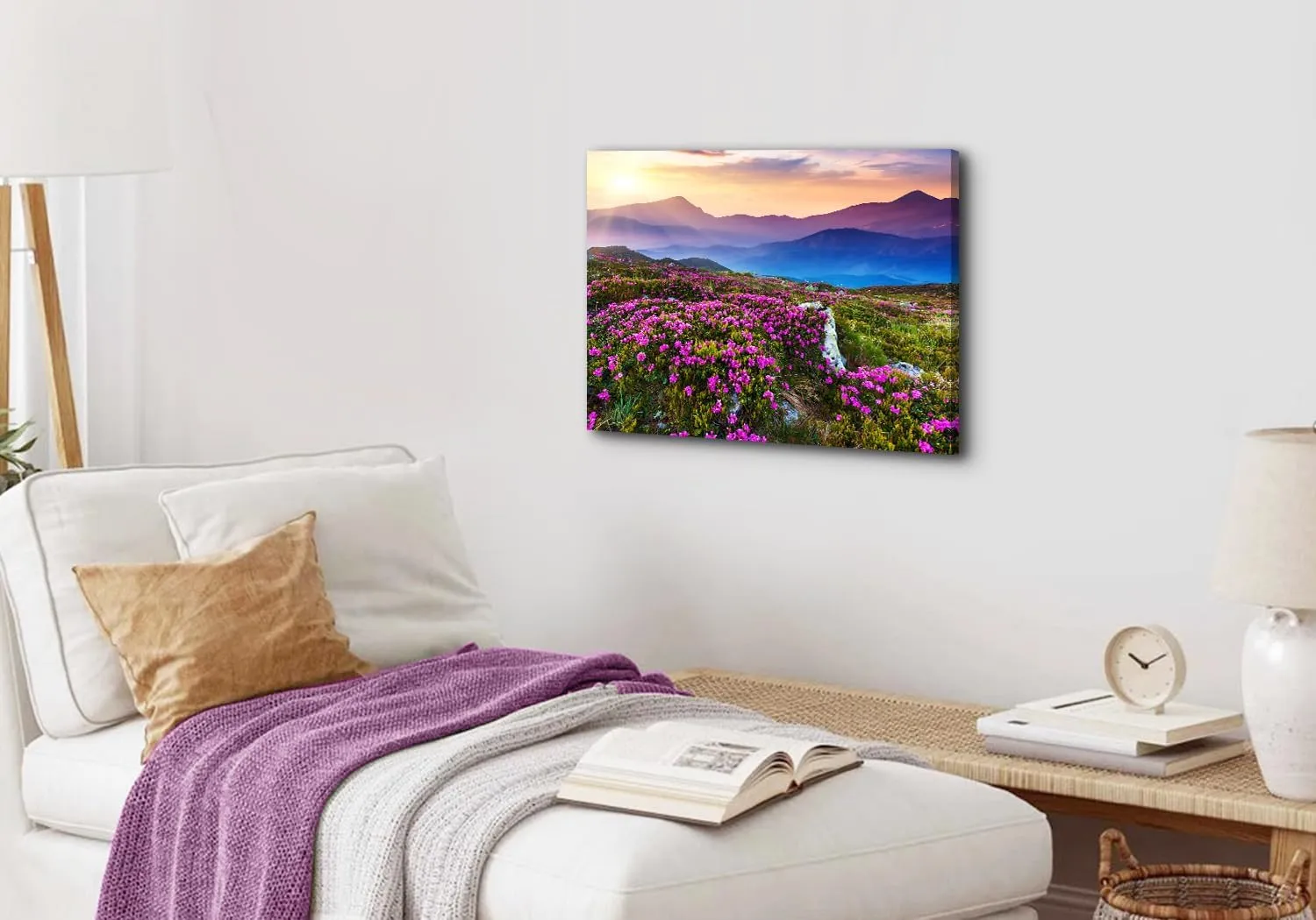Nature Mountain Canvas Wall Art National Park Landscape Photography Print Sunrise Scenery Home Decorations for Bedroom Kitchen Purple Wildflower Prairie Painting Pictures Framed Poster Artwork 20x30”