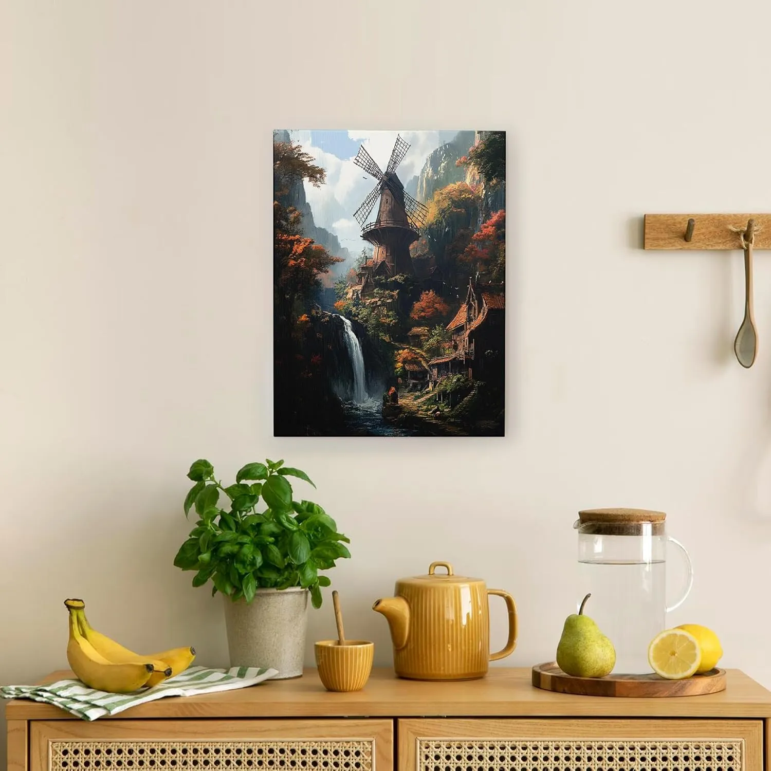 Nature Windmill Wall Art for Living Room Decor, 1 Piece Forest Mountain Landscape Canvas Prints Vertical Wall Art, Small Large Country Decorative Bathroom Dining Room Bedroom 8 * 12