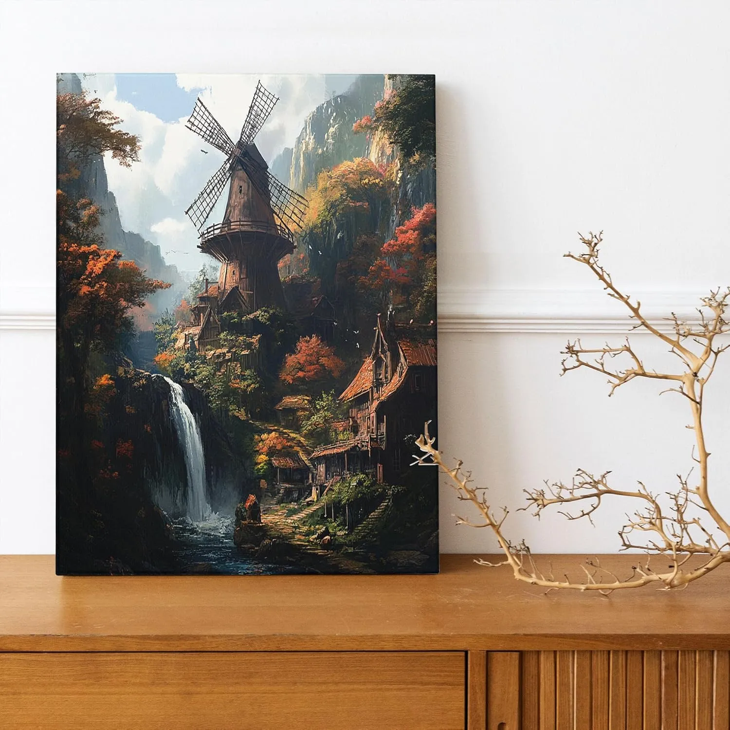 Nature Windmill Wall Art for Living Room Decor, 1 Piece Forest Mountain Landscape Canvas Prints Vertical Wall Art, Small Large Country Decorative Bathroom Dining Room Bedroom 8 * 12