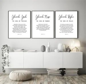 NATVVA Large Canvas 3 Pieces Names of God Poster Motivational Wall Art Jehovah Jireh Nissi Rapha Painting Pictures Gifts Artwork for Office Home Decor With Inner Frame