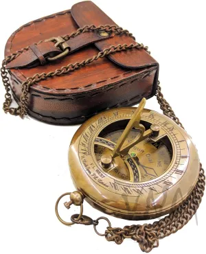 Nautical Brass Sundial Compass with Beautiful Leather Case, Push Open Compass, Pocket Size Compass for Hiking & Outdoor