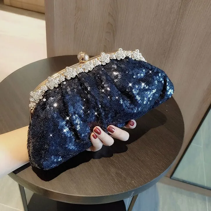 Navy Sequined Rhinestone Evening Clutch Bag