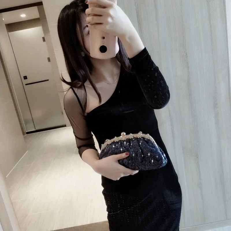 Navy Sequined Rhinestone Evening Clutch Bag