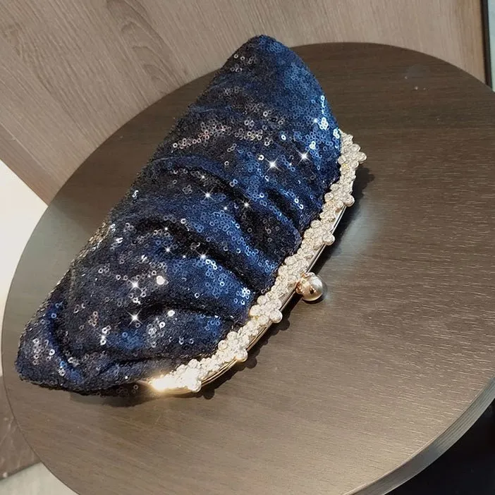 Navy Sequined Rhinestone Evening Clutch Bag