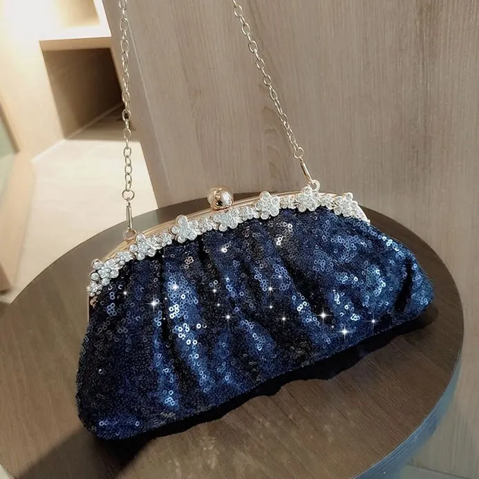 Navy Sequined Rhinestone Evening Clutch Bag