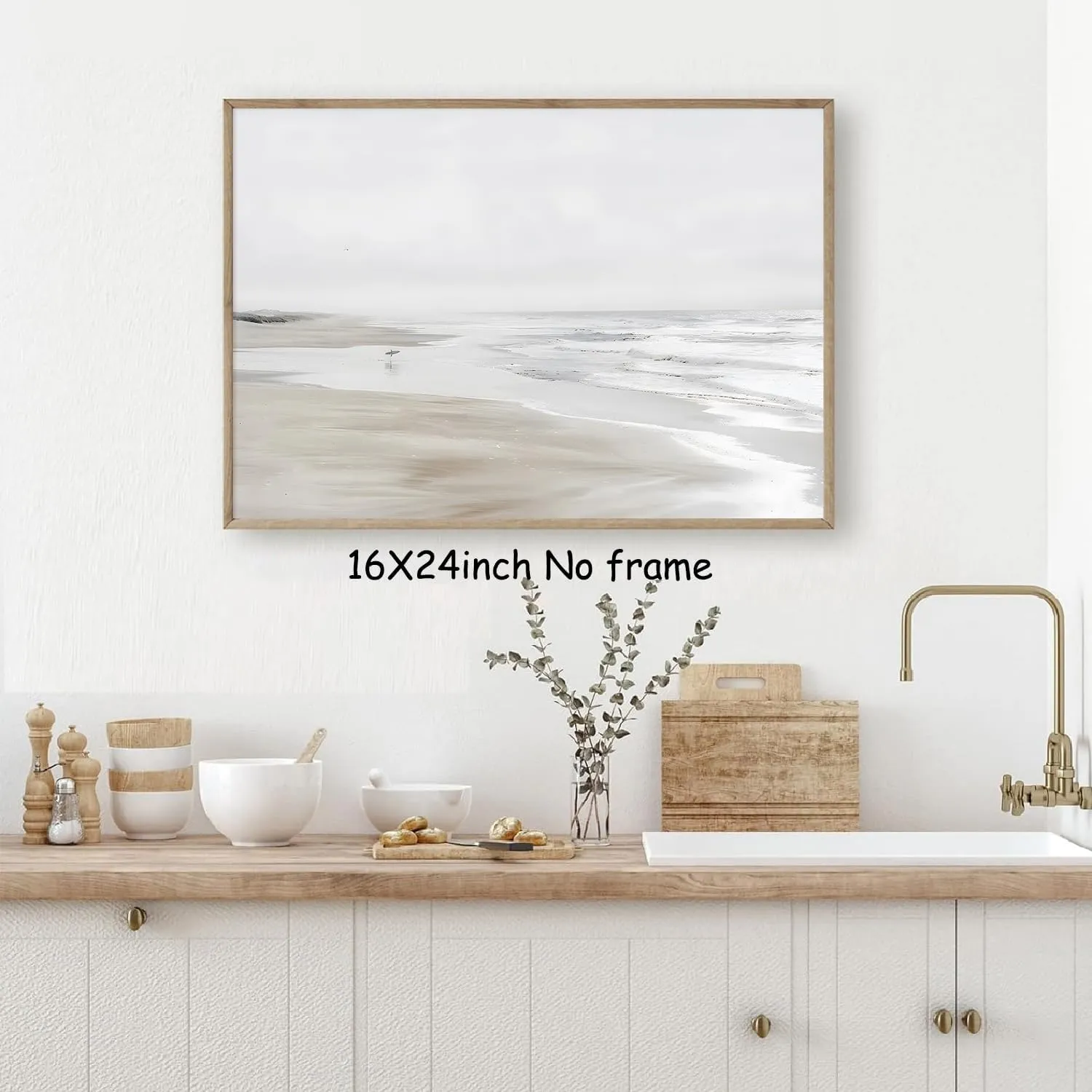 Neutral Landscape Painting Vintage Seascape Canvas Wall Art Beach Artwork Boho Posters Coastal Wall Art Painting Print for Livingroom 24x16inch No Frame