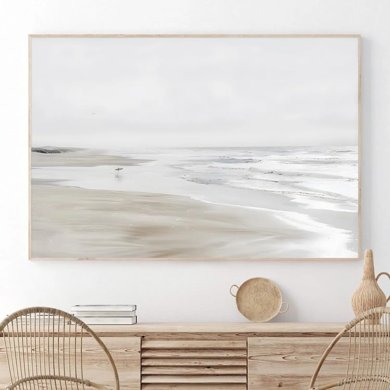 Neutral Landscape Painting Vintage Seascape Canvas Wall Art Beach Artwork Boho Posters Coastal Wall Art Painting Print for Livingroom 24x16inch No Frame