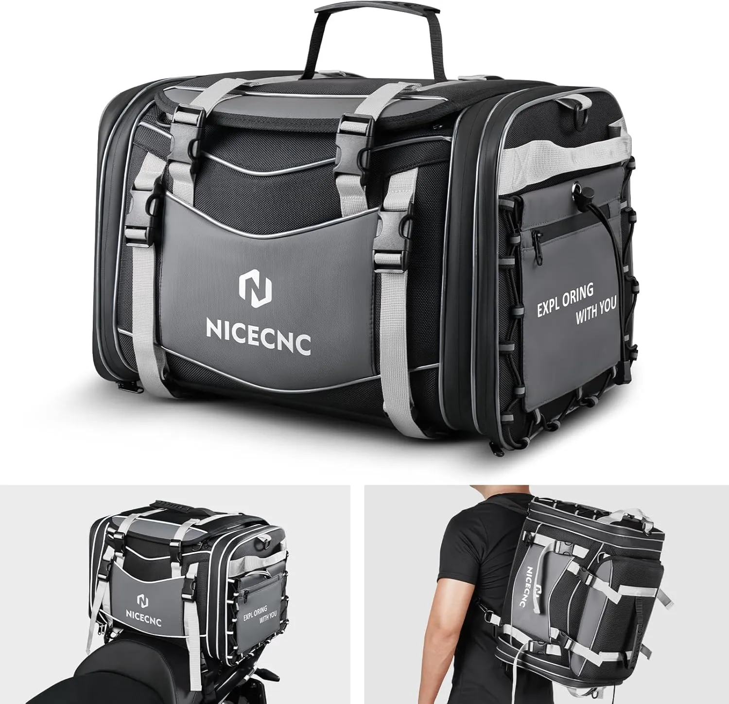 NICECNC Motorcycle Luggage Rack Bags 53L Expandable Motorcycle Rear Seat Bag, Universal Motorcycle Tail Bag Motorcycle Helmet Travel Storage bag with Separate Shoe Compartment, 6 straps (Gray)