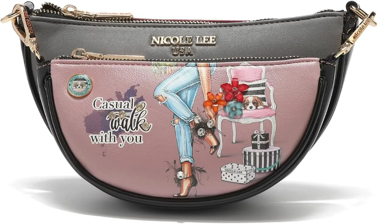 Nicole Lee Crossbody Women's Bag - Fashion Print Faux Leather 2 Piece Bag Shoulder Chain Strap Small Purse Set