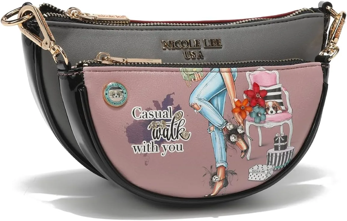 Nicole Lee Crossbody Women's Bag - Fashion Print Faux Leather 2 Piece Bag Shoulder Chain Strap Small Purse Set