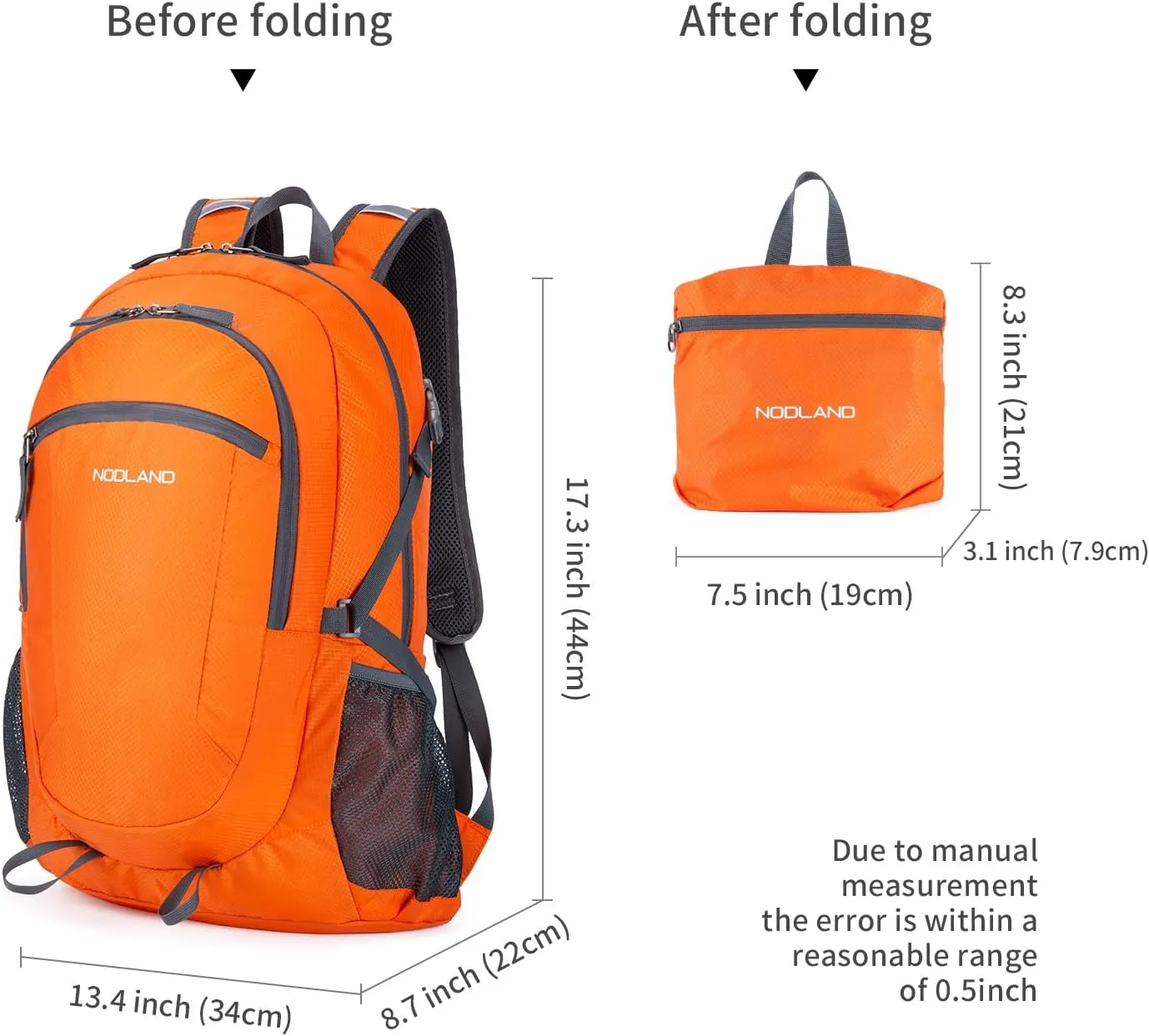 NODLAND Light Weight Packable Backpack for Travel Hiking 45L Foldable Water-Resistant Daypack Hydration Rucksack