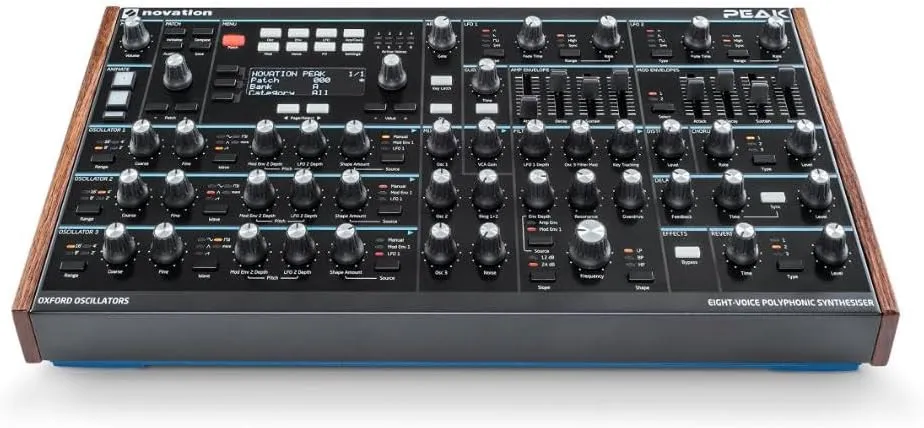 Novation Peak 8-Voice Desktop Polyphonic Synthesiser with 2 LFOs per voice, 16-slot modulation matrix, 3 analogue distortion points, and digital effects