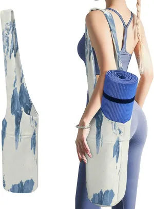 Nugier Yoga Mat Bag, Soft Canvas Storage Bag Fashion Mat Bag Pocket Shoulder Strap Clothes Dorm Organizer Print Blue World Map in Watercolor Paint Abstract Splatters