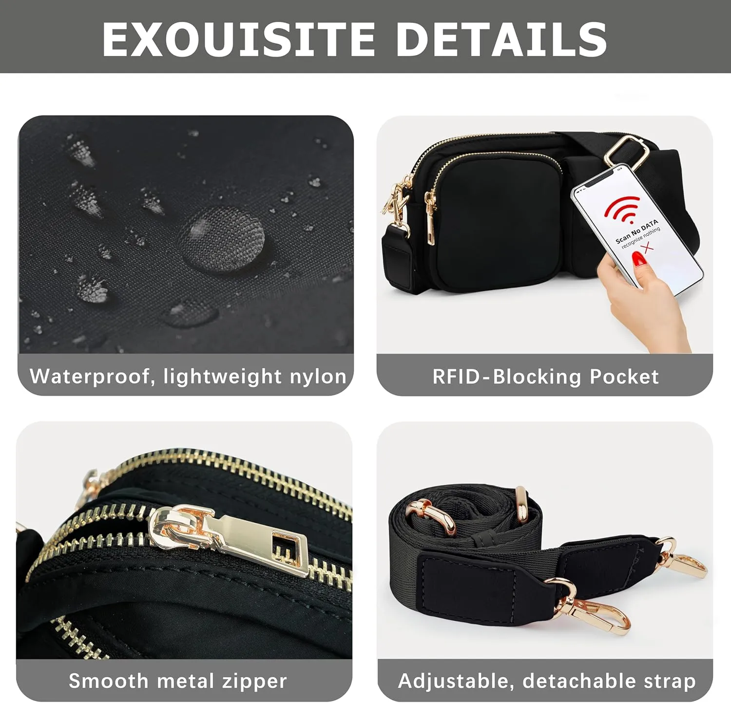 Nylon Crossbody Bag Small Purses for Women Crossbody Shoulder Bags with RFID Blocking Pocket Traveling Workout
