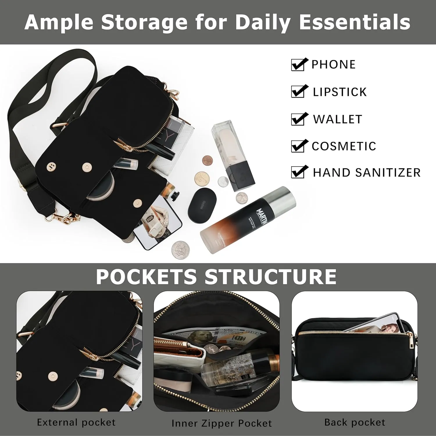 Nylon Crossbody Bag Small Purses for Women Crossbody Shoulder Bags with RFID Blocking Pocket Traveling Workout