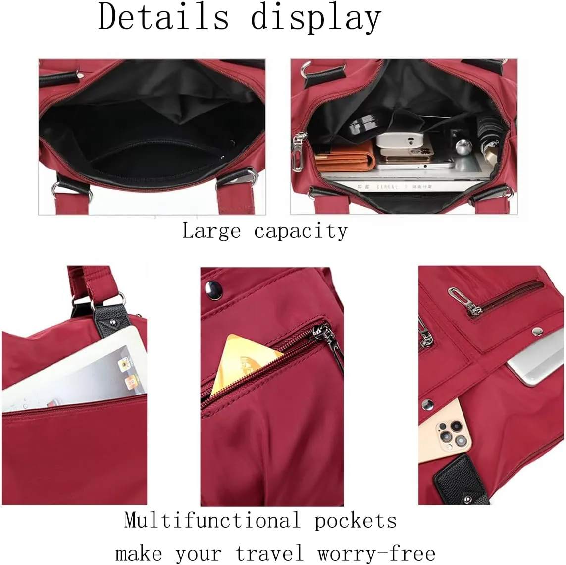 Nylon Waterproof Tote Bag,Large Capacity Waterproof Multi Pocket Shoulder Bag,Adjustable Shoulder Crossbody Bag.