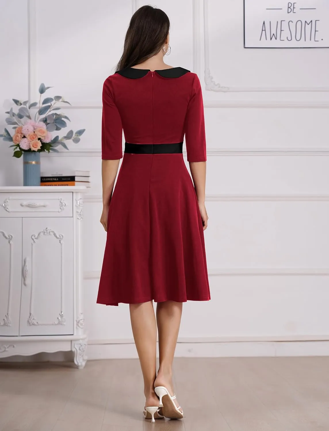 ODIZLI 1950s Dresses for Women Retro Dress 3/4 Sleeve Sweetheart Neckline Swing Midi Dress Cocktail Dress
