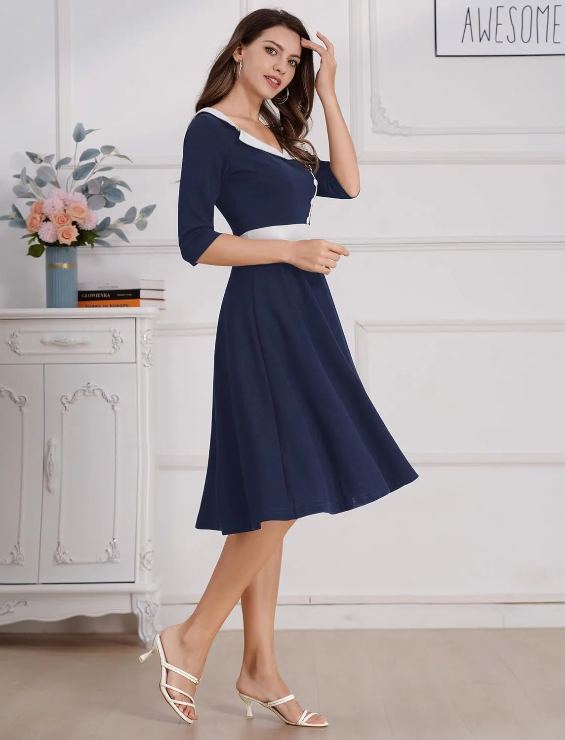 ODIZLI 1950s Dresses for Women Retro Dress 3/4 Sleeve Sweetheart Neckline Swing Midi Dress Cocktail Dress