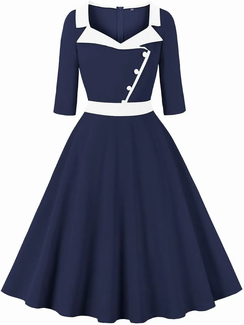 ODIZLI 1950s Dresses for Women Retro Dress 3/4 Sleeve Sweetheart Neckline Swing Midi Dress Cocktail Dress