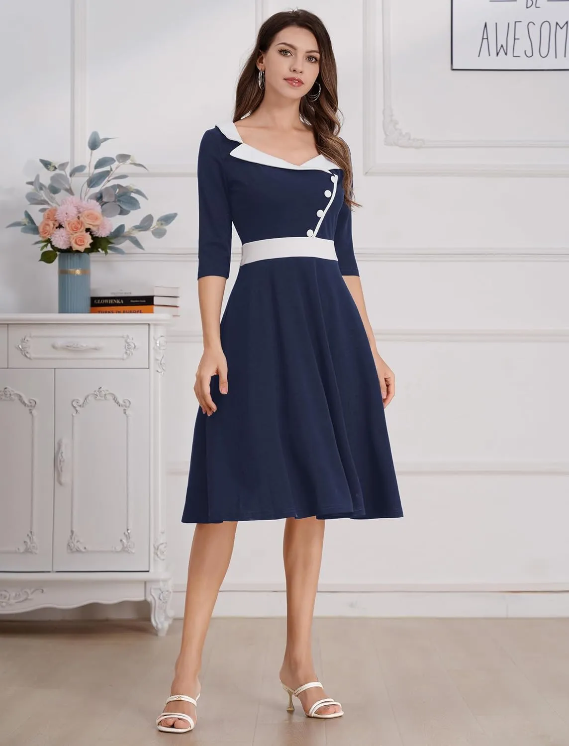 ODIZLI 1950s Dresses for Women Retro Dress 3/4 Sleeve Sweetheart Neckline Swing Midi Dress Cocktail Dress