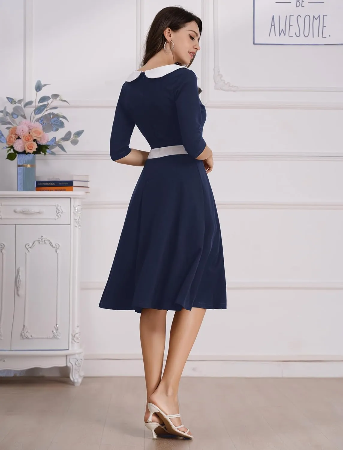 ODIZLI 1950s Dresses for Women Retro Dress 3/4 Sleeve Sweetheart Neckline Swing Midi Dress Cocktail Dress