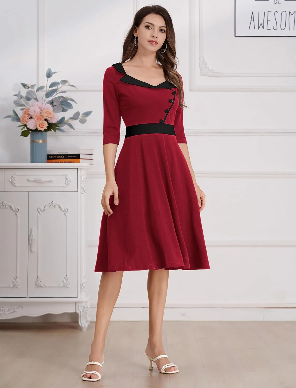 ODIZLI 1950s Dresses for Women Retro Dress 3/4 Sleeve Sweetheart Neckline Swing Midi Dress Cocktail Dress